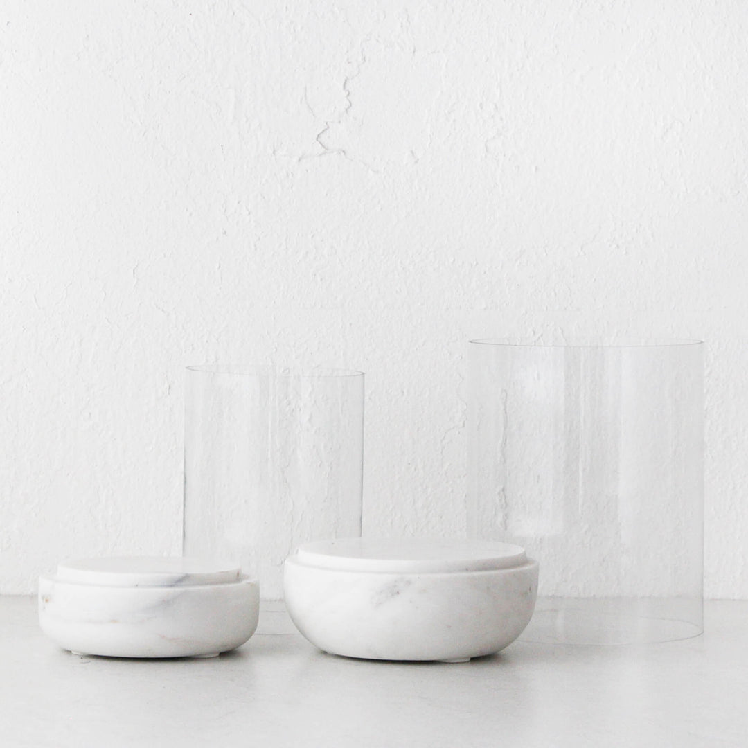 MIRAMALFI HURRICANE CANDLE HOLDER BUNDLE X2  |  MEDIUM + LARGE |  GLASS + WHITE MARBLE