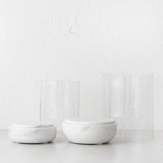 MIRAMALFI HURRICANE CANDLE HOLDER BUNDLE X2  |  MEDIUM + LARGE |  GLASS + WHITE MARBLE