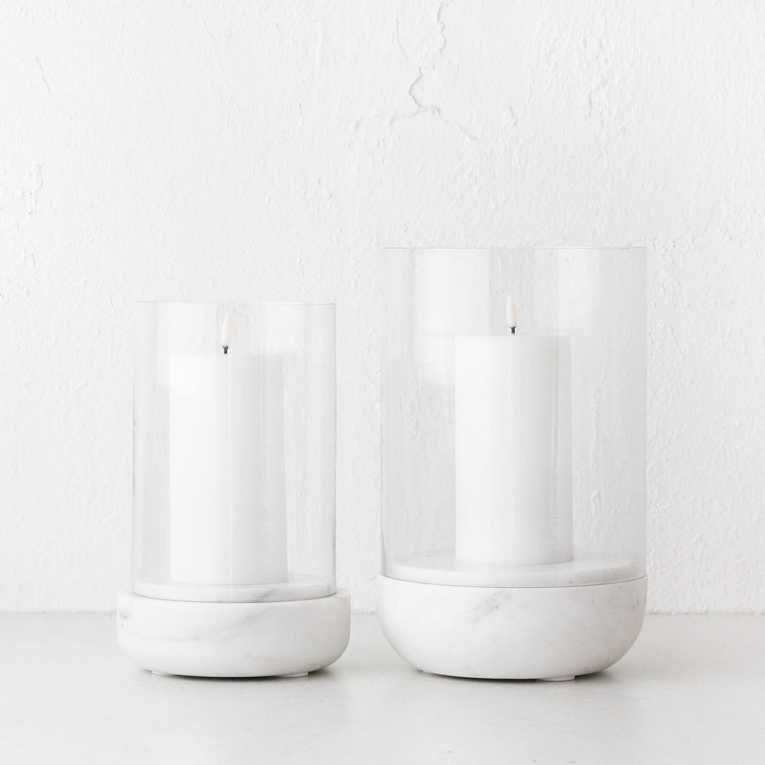 MIRAMALFI HURRICANE CANDLE HOLDER BUNDLE X2  |  MEDIUM + LARGE |  GLASS + WHITE MARBLE