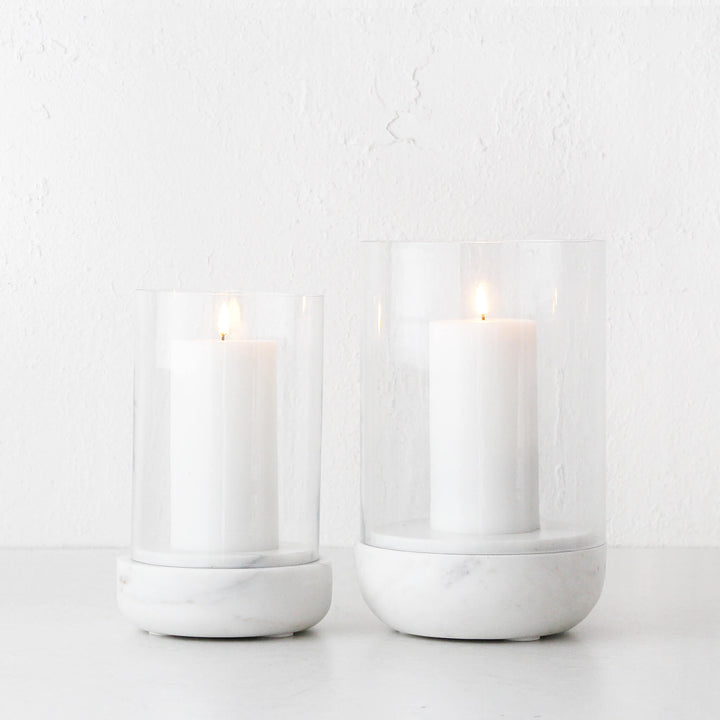 MIRAMALFI HURRICANE CANDLE HOLDER BUNDLE X2  |  MEDIUM + LARGE |  GLASS + WHITE MARBLE