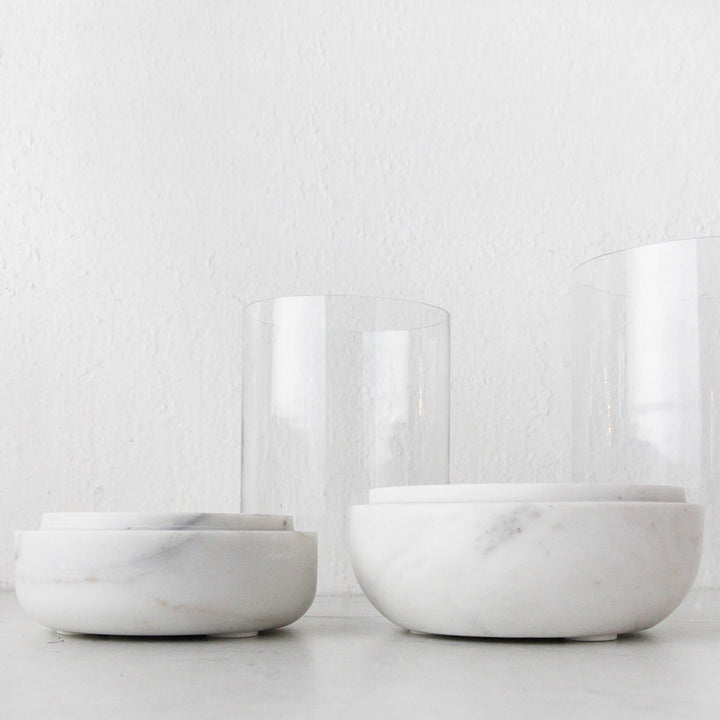 MIRAMALFI HURRICANE CANDLE HOLDER BUNDLE X2  |  MEDIUM + LARGE |  GLASS + WHITE MARBLE