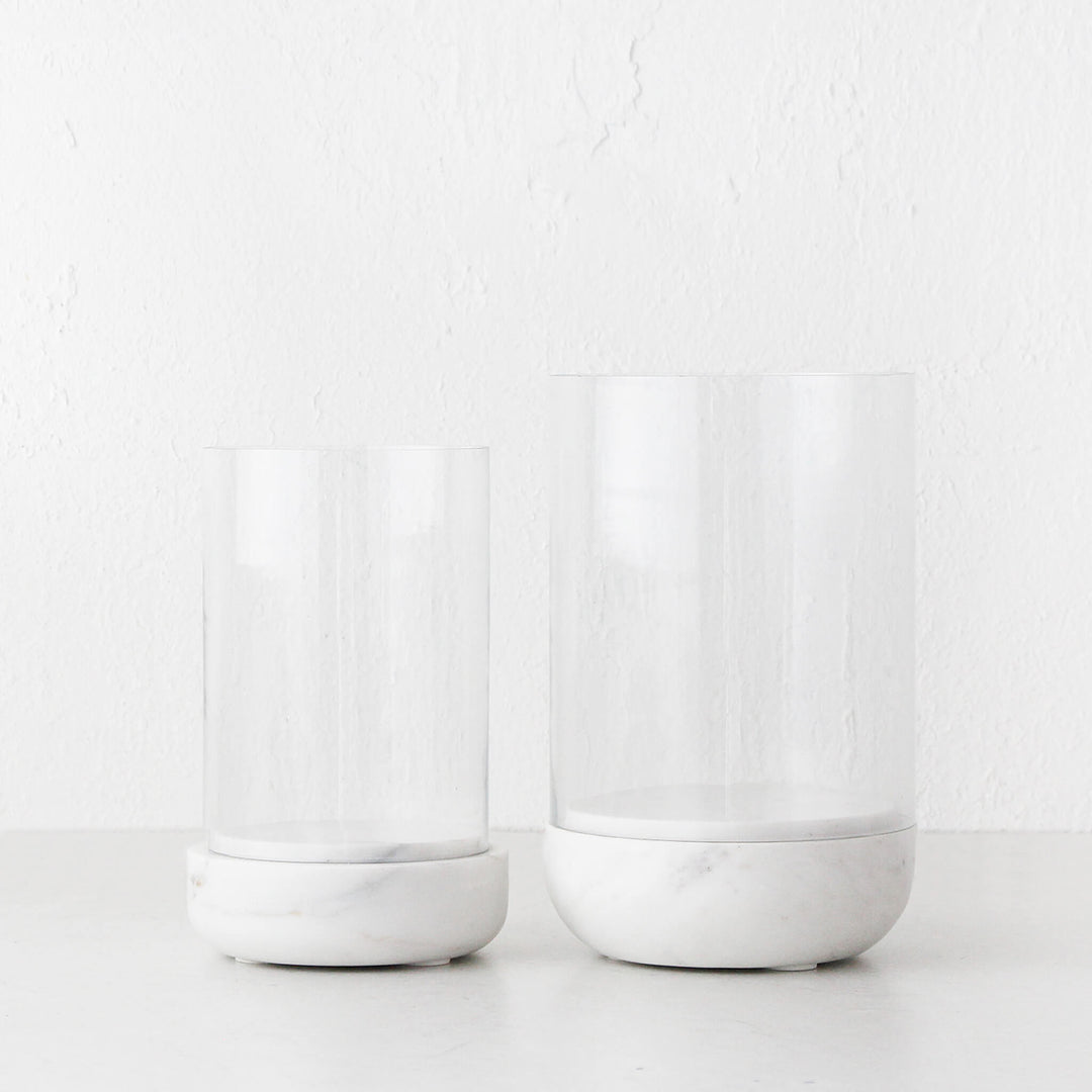 MIRAMALFI HURRICANE CANDLE HOLDER BUNDLE X2  |  MEDIUM + LARGE |  GLASS + WHITE MARBLE