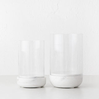 MIRAMALFI HURRICANE CANDLE HOLDER BUNDLE X2  |  MEDIUM + LARGE |  GLASS + WHITE MARBLE