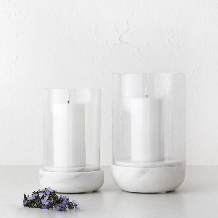 MIRAMALFI HURRICANE CANDLE HOLDER BUNDLE X2  |  MEDIUM + LARGE |  GLASS + WHITE MARBLE