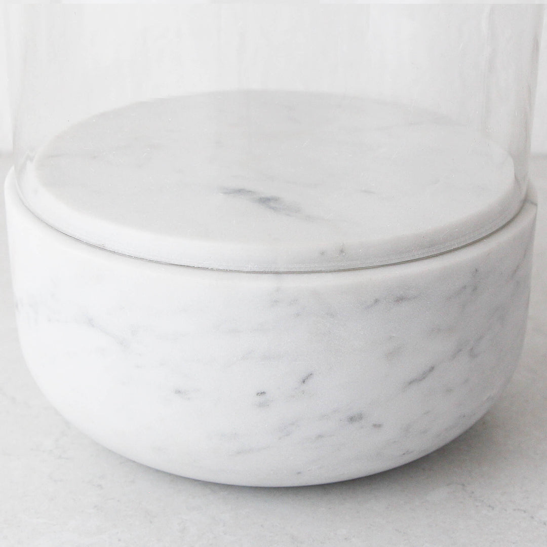 MIRAMALFI HURRICANE CANDLE HOLDER  |  X LARGE  |  GLASS + WHITE MARBLE