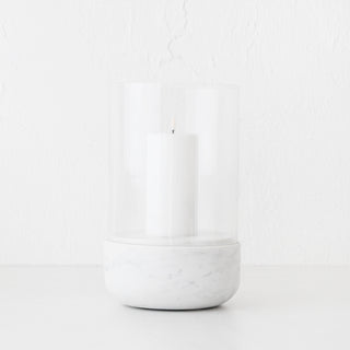 MIRAMALFI HURRICANE CANDLE HOLDER  |  X LARGE  |  GLASS + WHITE MARBLE