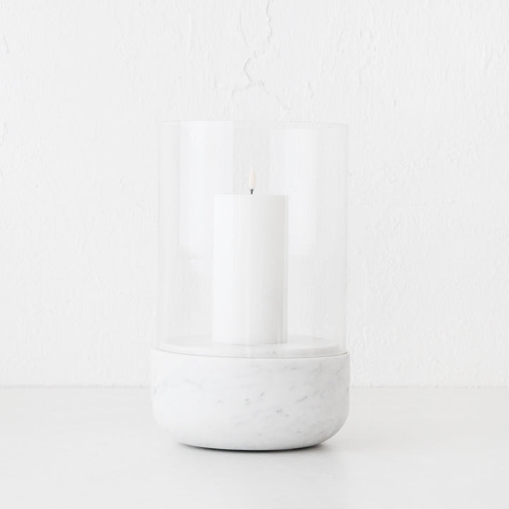 MIRAMALFI HURRICANE CANDLE HOLDER  |  X LARGE  |  GLASS + WHITE MARBLE