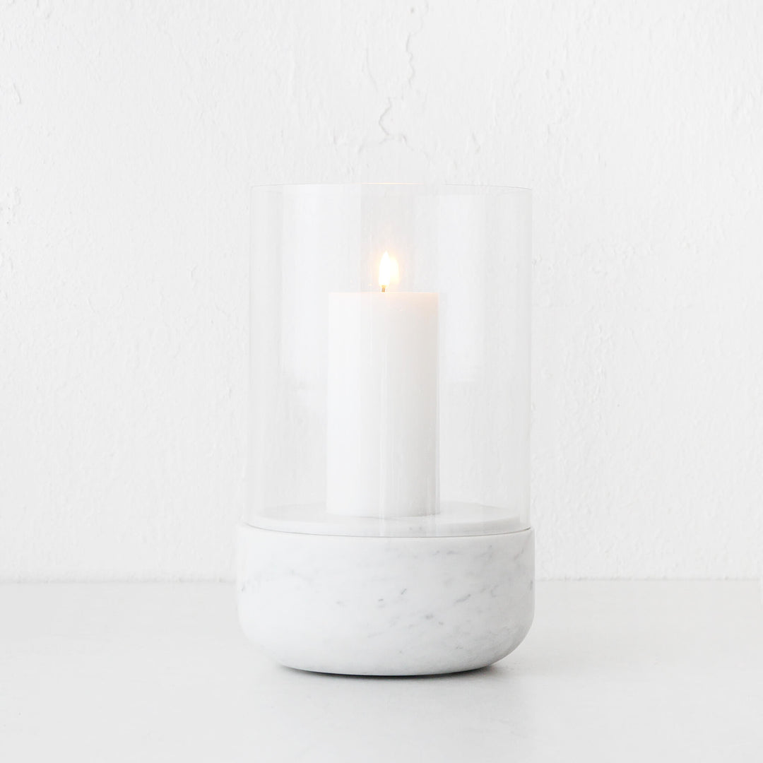 MIRAMALFI HURRICANE CANDLE HOLDER  |  X LARGE  |  GLASS + WHITE MARBLE