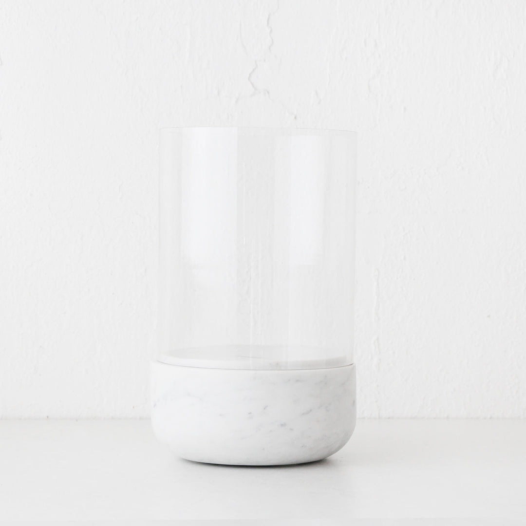 MIRAMALFI HURRICANE CANDLE HOLDER  |  X LARGE  |  GLASS + WHITE MARBLE