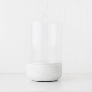MIRAMALFI HURRICANE CANDLE HOLDER  |  X LARGE  |  GLASS + WHITE MARBLE