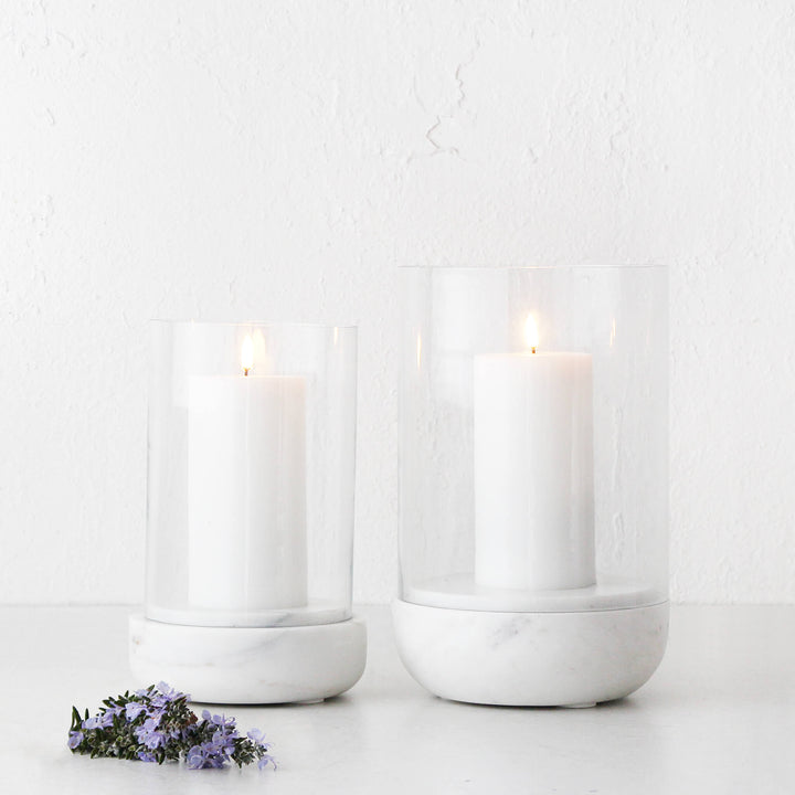 MIRAMALFI HURRICANE CANDLE HOLDER BUNDLE X2 | MEDIUM + LARGE | GLASS + WHITE MARBLE