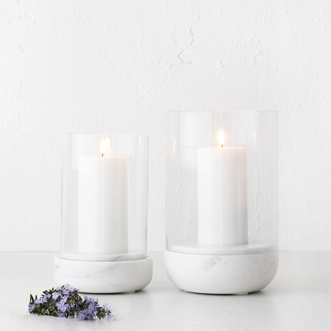 MIRAMALFI HURRICANE CANDLE HOLDER  COLLECTION  |  GLASS + WHITE MARBLE