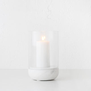 MIRAMALFI HURRICANE CANDLE HOLDER  |  LARGE  |  GLASS + WHITE MARBLE
