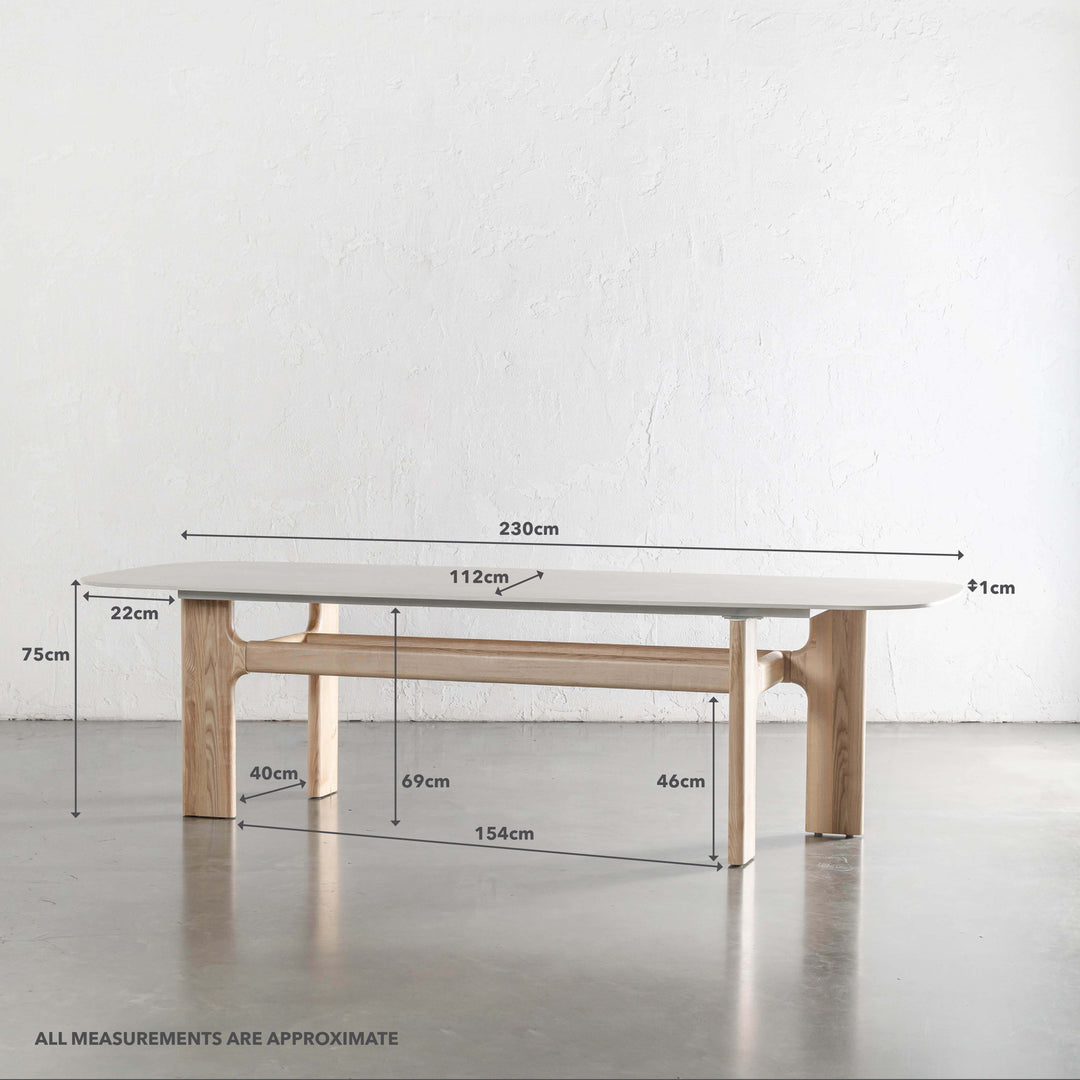 MONTAGNA CERAMICA DINING TABLE | 230CM | BIRCH ASH WOOD GRAIN | TRAVERTINE TUMBLED BEIGE | MEASUREMENTS