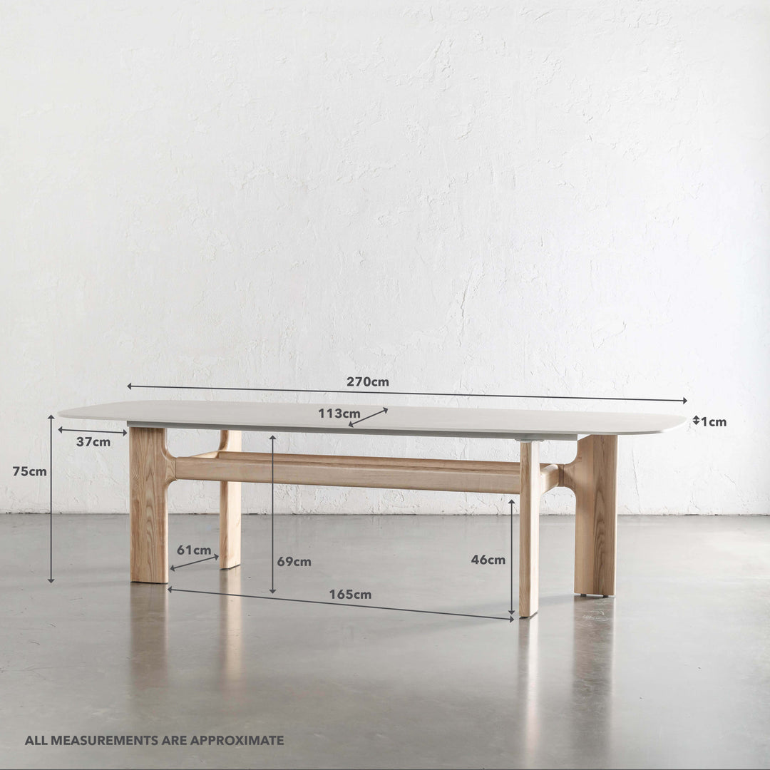 MONTAGNA CERAMICA DINING TABLE | 270CM | BIRCH ASH WOOD GRAIN | TRAVERTINE TUMBLED BEIGE | MEASUREMENTS