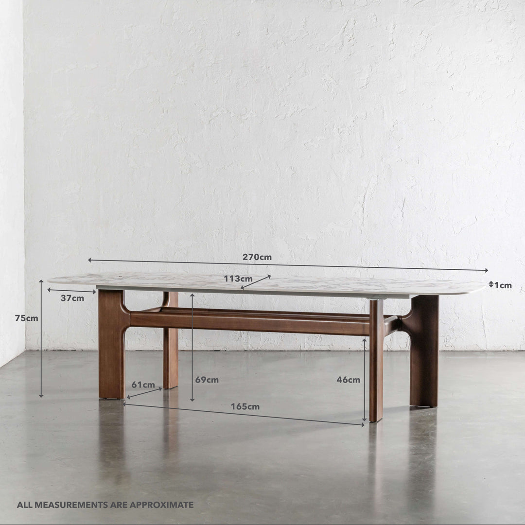 MONTAGNA CERAMICA DINING TABLE   |  
270CM  |  DEEP WALNUT WOOD GRAIN  |  BULGARI MARBLE AUTUMNAL WARM | MEASUREMENTS