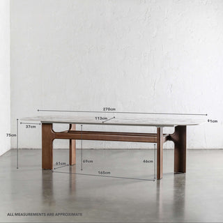 MONTAGNA CERAMICA DINING TABLE   |  
270CM  |  DEEP WALNUT WOOD GRAIN  |  BULGARI MARBLE AUTUMNAL WARM | MEASUREMENTS