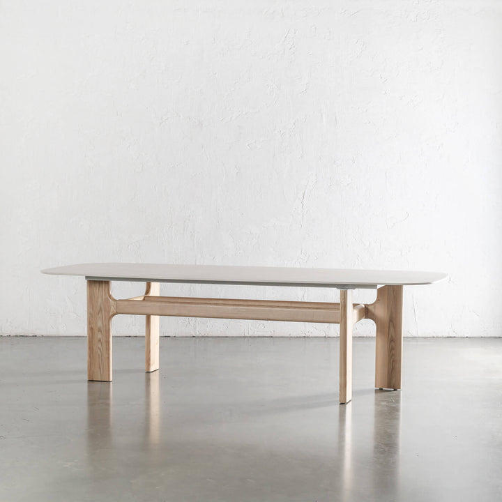 MONTAGNA DINING TABLE   |  230CM + 270CM  |  BIRCH ASH WOOD GRAIN  |  TRAVENTINE TUMBLED BEIGE
