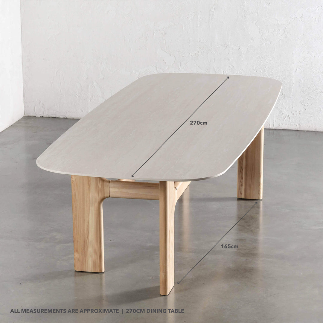 MONTAGNA CERAMICA DINING TABLE   |  270CM  |  BIRCH ASH WOOD GRAIN  |  TRAVERTINE TUMBLED BEIGE