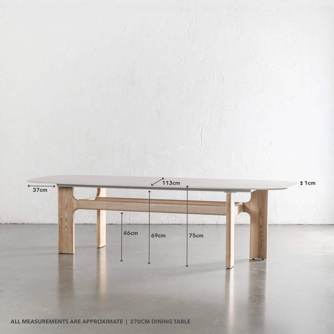 MONTAGNA CERAMICA DINING TABLE   |  270CM  |  BIRCH ASH WOOD GRAIN  |  TRAVERTINE TUMBLED BEIGE