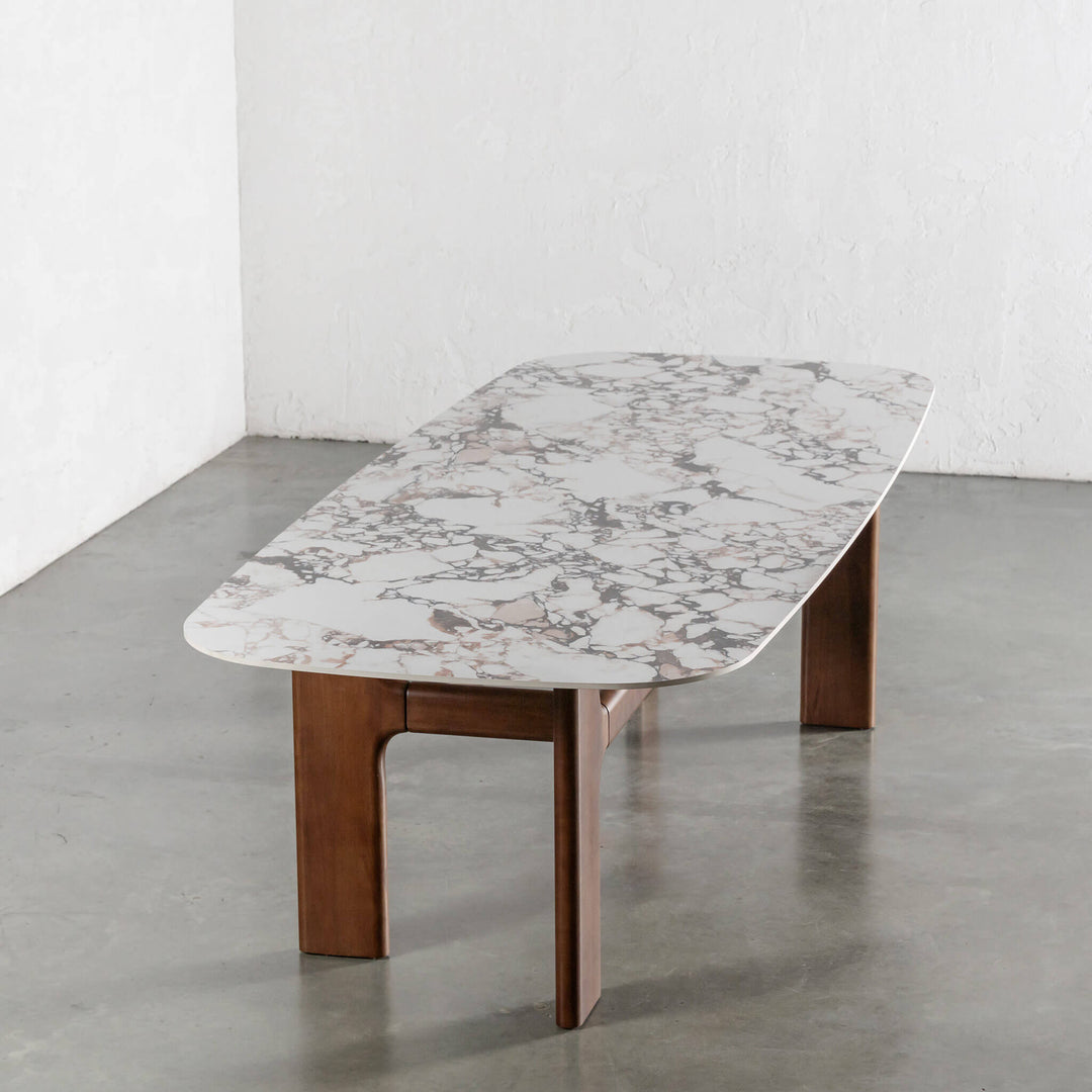 MONTAGNA DINING TABLE   |  230CM + 270CM  |  DEEP WALNUT WOOD GRAIN  |  BULGARI MARBLE AUTUMNAL WARM