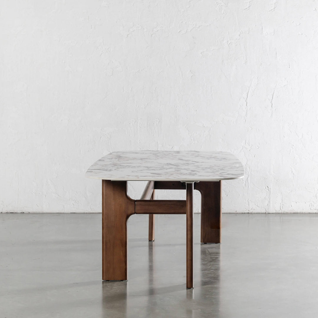 MONTAGNA DINING TABLE   |  230CM + 270CM  |  DEEP WALNUT WOOD GRAIN  |  BULGARI MARBLE AUTUMNAL WARM