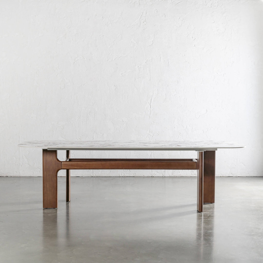 MONTAGNA DINING TABLE   |  230CM + 270CM  |  DEEP WALNUT WOOD GRAIN  |  BULGARI MARBLE AUTUMNAL WARM