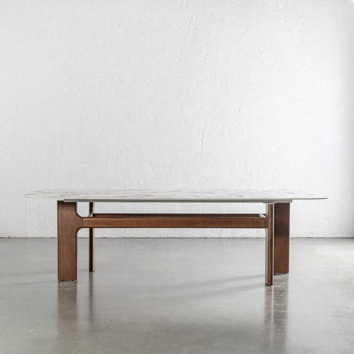 MONTAGNA DINING TABLE   |  230CM + 270CM  |  DEEP WALNUT WOOD GRAIN  |  BULGARI MARBLE AUTUMNAL WARM