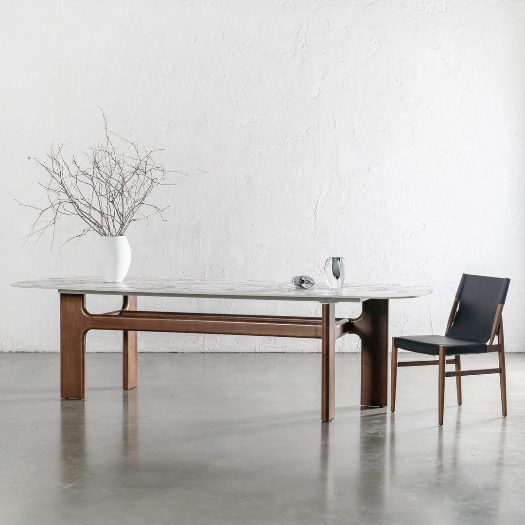 MONTAGNA DINING TABLE   |  230CM + 270CM  |  DEEP WALNUT WOOD GRAIN  |  BULGARI MARBLE AUTUMNAL WARM