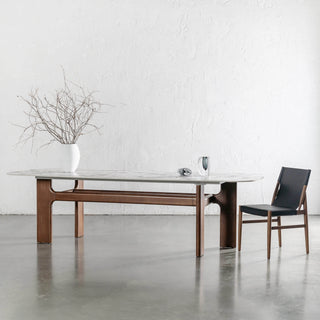 MONTAGNA DINING TABLE   |  230CM + 270CM  |  DEEP WALNUT WOOD GRAIN  |  BULGARI MARBLE AUTUMNAL WARM