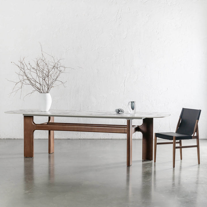 MONTAGNA DINING TABLE   |  230CM + 270CM  |  DEEP WALNUT WOOD GRAIN  |  BULGARI MARBLE AUTUMNAL WARM
