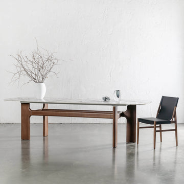 MONTAGNA DINING TABLE   |  230CM + 270CM  |  DEEP WALNUT WOOD GRAIN  |  BULGARI MARBLE AUTUMNAL WARM