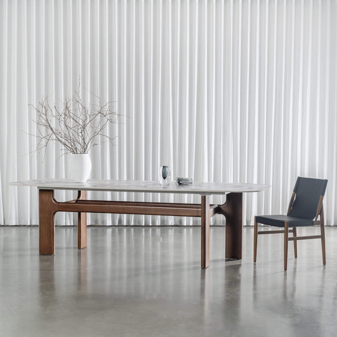 MONTAGNA DINING TABLE   |  230CM + 270CM  |  DEEP WALNUT WOOD GRAIN  |  BULGARI MARBLE AUTUMNAL WARM