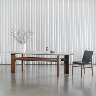 MONTAGNA DINING TABLE   |  230CM + 270CM  |  DEEP WALNUT WOOD GRAIN  |  BULGARI MARBLE AUTUMNAL WARM