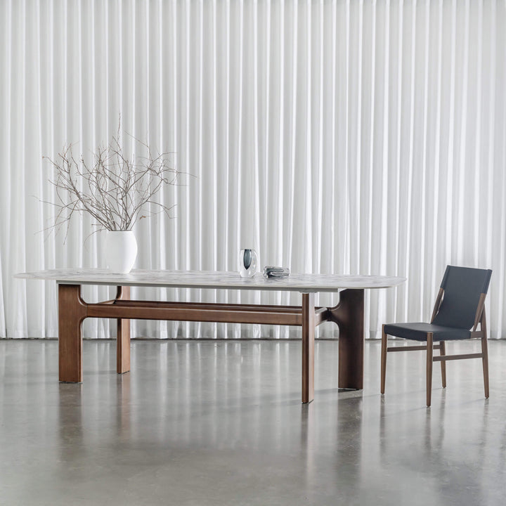 MONTAGNA DINING TABLE   |  230CM + 270CM  |  DEEP WALNUT WOOD GRAIN  |  BULGARI MARBLE AUTUMNAL WARM