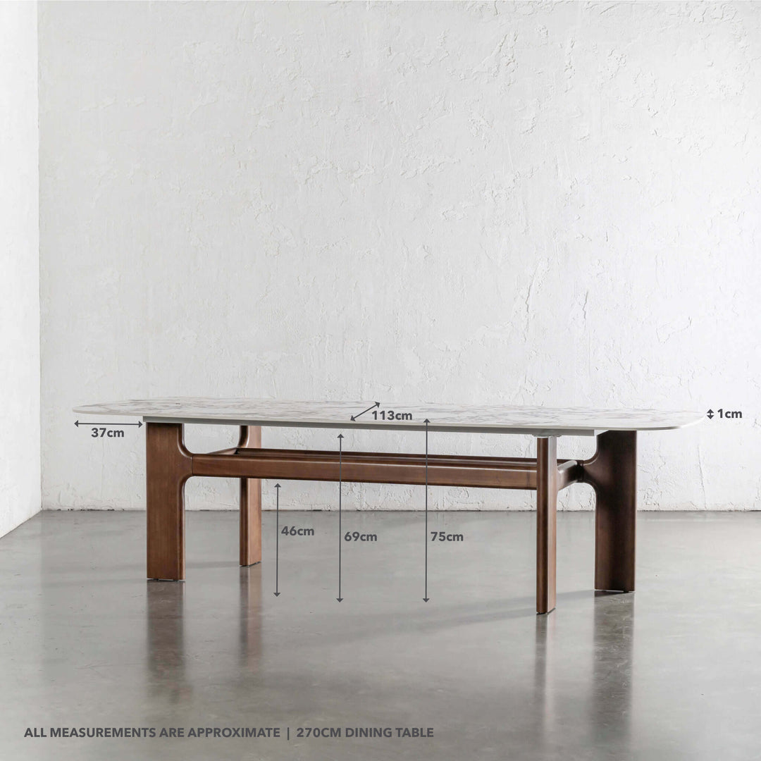 MONTAGNA CERAMICA DINING TABLE   |  270CM  |  DEEP WALNUT WOOD GRAIN  |  BULGARI MARBLE AUTUMNAL WARM