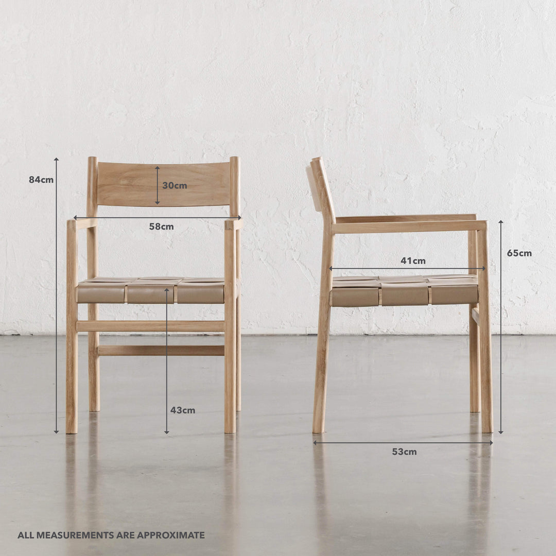 MONTERO WOVEN LEATHER CARVER CHAIR  |  LIGHT TAUPE LEATHER HIDE | MEASUREMENTS