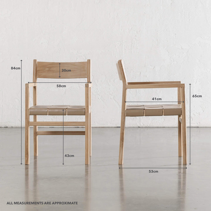 MONTERO WOVEN LEATHER CARVER CHAIR  |  LIGHT TAUPE LEATHER HIDE | MEASUREMENTS