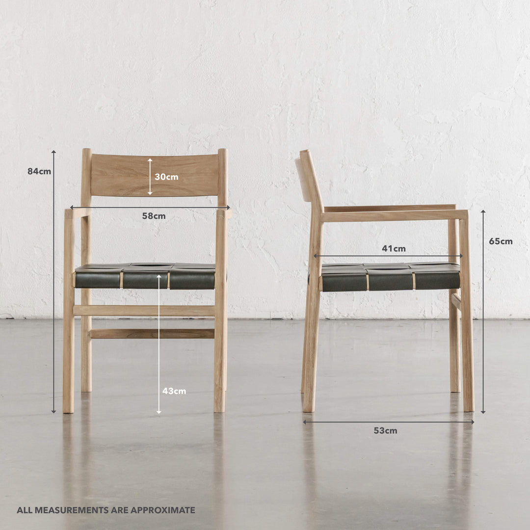 MONTERO WOVEN LEATHER CARVER CHAIR  |  OLIVE LEATHER HIDE | MEASUREMENTS