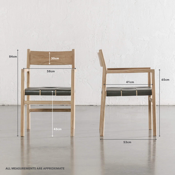 MONTERO WOVEN LEATHER CARVER CHAIR  |  OLIVE LEATHER HIDE | MEASUREMENTS