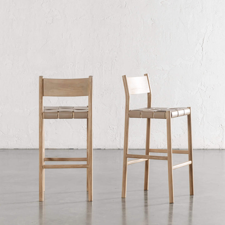 MONTERO WOVEN LEATHER BAR CHAIRS  |  HIGH + LOW  |  LIGHT TAUPE LEATHER HIDE