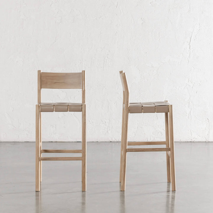 MONTERO WOVEN LEATHER BAR CHAIRS  |  HIGH + LOW  |  LIGHT TAUPE LEATHER HIDE
