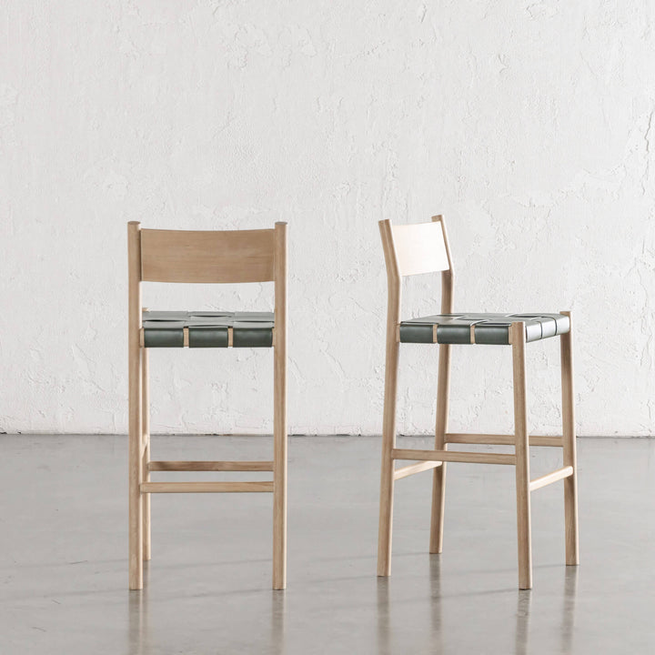 MONTERO WOVEN LEATHER BAR CHAIRS  |  HIGH + LOW  |  OLIVE LEATHER HIDE