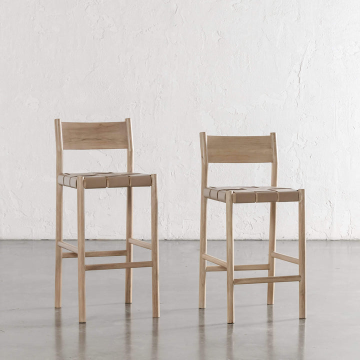 MONTERO WOVEN LEATHER BAR CHAIRS  |  HIGH + LOW  |  LIGHT TAUPE LEATHER HIDE