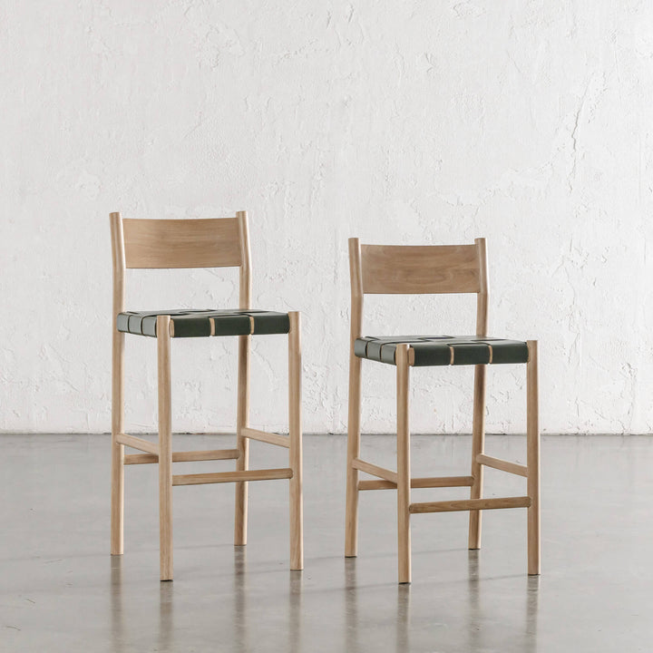 MONTERO WOVEN LEATHER BAR CHAIRS  |  HIGH + LOW  |  OLIVE LEATHER HIDE