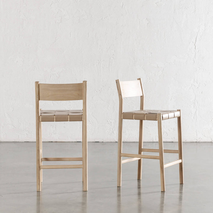 MONTERO WOVEN LEATHER BAR CHAIRS  |  HIGH + LOW  |  LIGHT TAUPE LEATHER HIDE