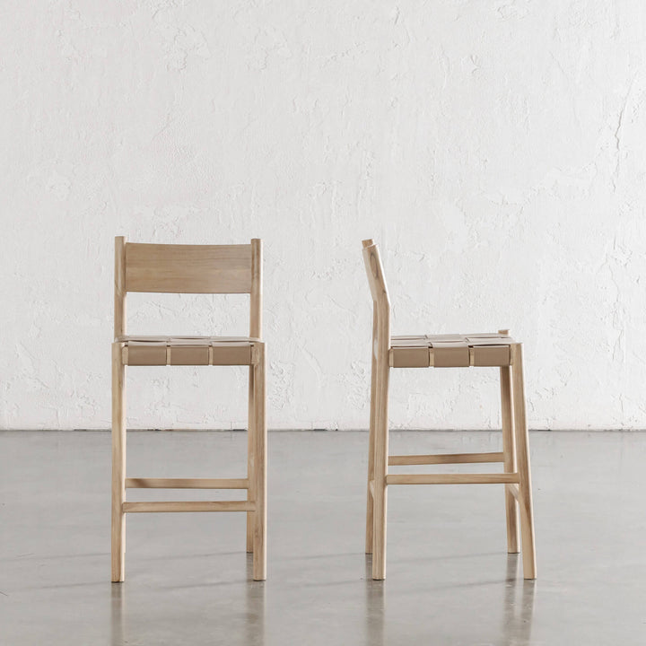 MONTERO WOVEN LEATHER BAR CHAIRS  |  HIGH + LOW  |  LIGHT TAUPE LEATHER HIDE