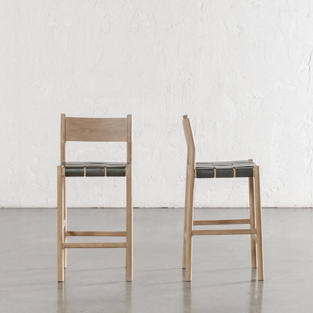MONTERO WOVEN LEATHER BAR CHAIRS  |  HIGH + LOW  |  OLIVE LEATHER HIDE