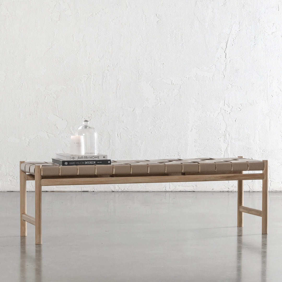 MONTERO WOVEN LEATHER BENCH  |  LIGHT TAUPE LEATHER HIDE