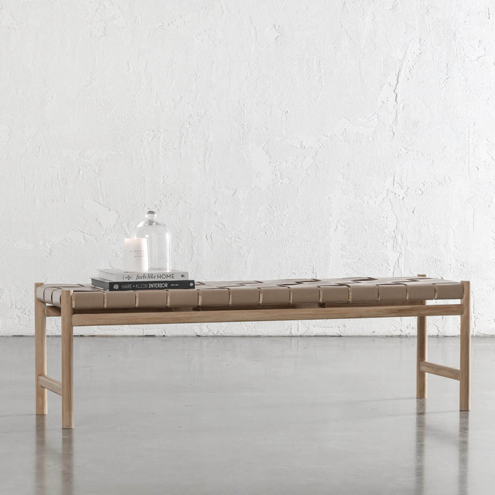MONTERO WOVEN LEATHER BENCH  |  LIGHT TAUPE LEATHER HIDE